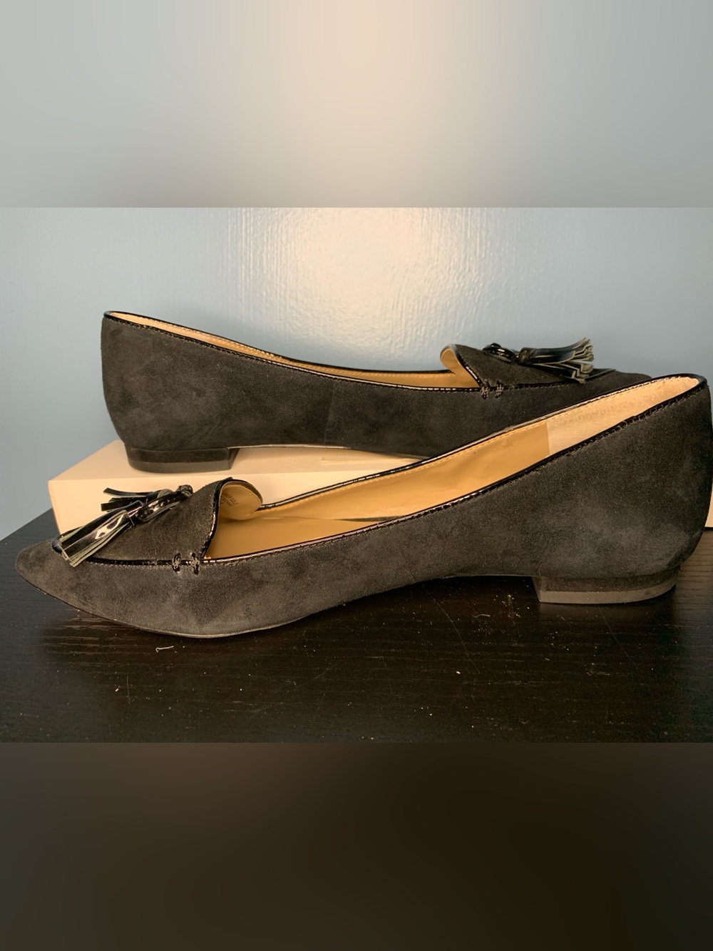 Ann Taylor Black Pointed Suede Tassel Loafers
